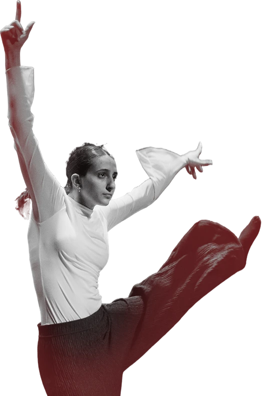 Imagem representando uma dançarina executando um movimento de dança contemporânea com os braços erguidos e a perna elevada, demonstrando equilíbrio, flexibilidade e expressão corporal. Na Follow Dance, as aulas incentivam o desenvolvimento técnico, artístico e criativo de alunos de todas as idades.